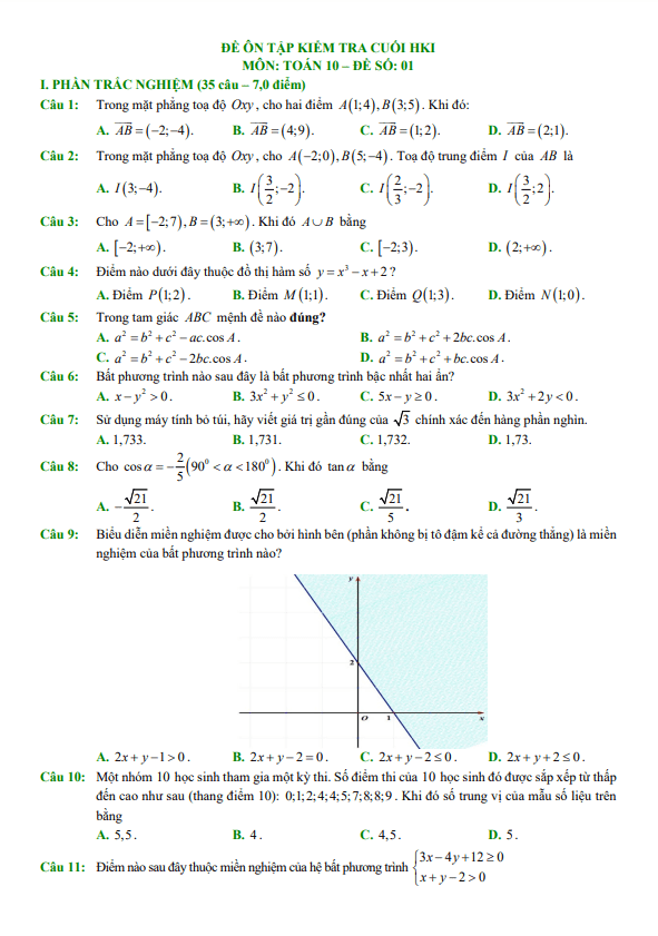 15 đề ôn tập kiểm tra cuối học kì 1 (HK1) lớp 10 môn Toán Chân Trời Sáng Tạo