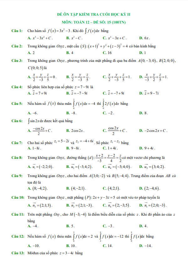 25 đề ôn tập kiểm tra cuối học kì 2 (HK2) lớp 12 môn Toán (100% trắc nghiệm)