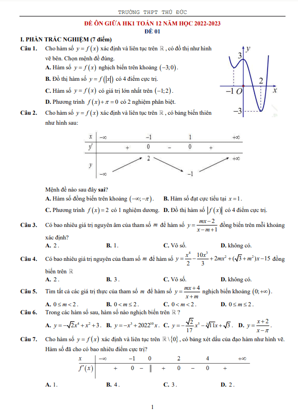 6 đề ôn tập giữa học kì 1 (HK1) lớp 12 môn Toán năm 2022 2023 trường THPT Thủ Đức TP HCM