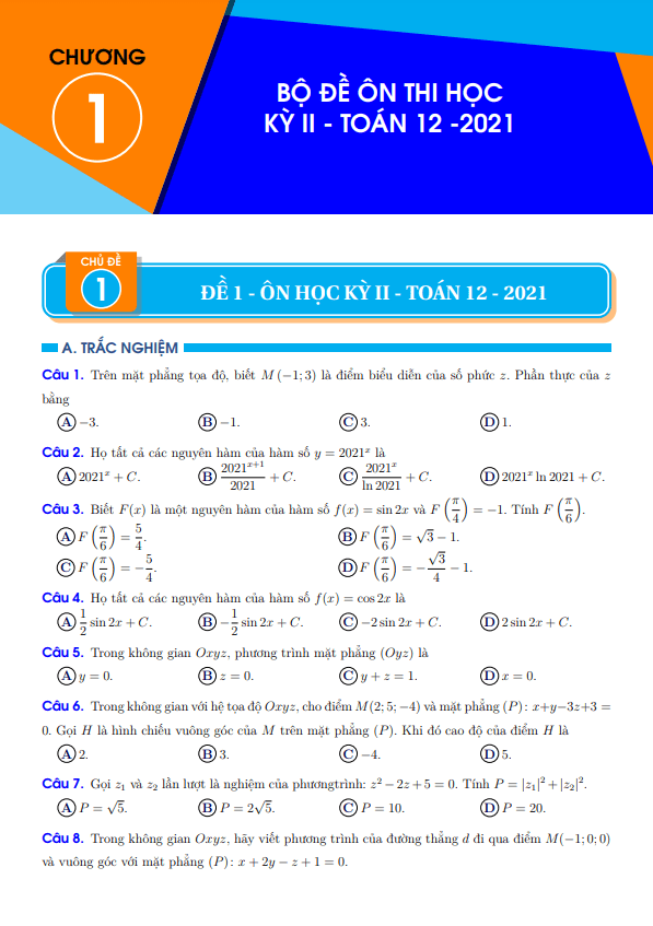 Bộ đề ôn thi học kì 2 (HK2) lớp 12 môn Toán năm học 2020 2021 có đáp án
