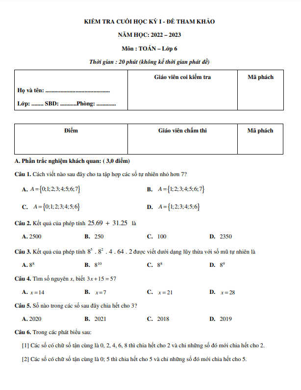 Bộ đề thi thử kiểm tra cuối học kì 1 (HK1) lớp 6 môn Toán Cánh Diều