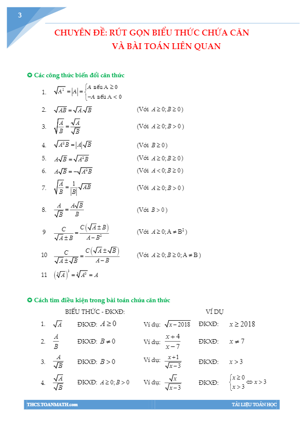 Chuyên đề rút gọn biểu thức chứa căn và bài toán liên quan