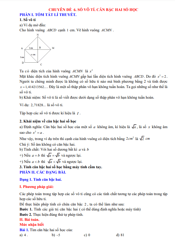 Chuyên đề số vô tỉ, căn bậc hai số học lớp 7 môn Toán