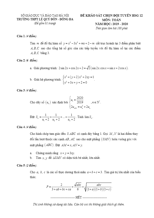 Đề chọn đội tuyển HSG lớp 12 môn Toán năm 2019 2020 trường Lê Quý Đôn Hà Nội