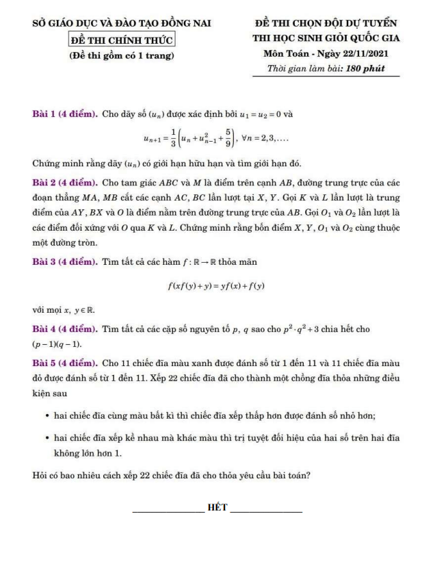 Đề chọn đội tuyển thi HSG QG môn Toán năm 2021 2022 sở GD ĐT Đồng Nai