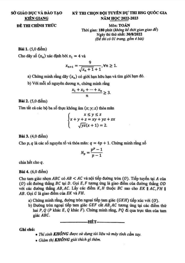 Đề chọn đội tuyển thi HSG QG môn Toán năm 2022 2023 sở GD ĐT Kiên Giang