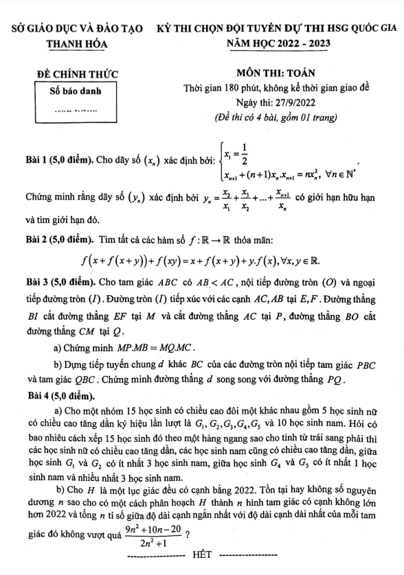 Đề chọn đội tuyển thi HSG QG môn Toán năm 2022 2023 sở GD ĐT Thanh Hóa