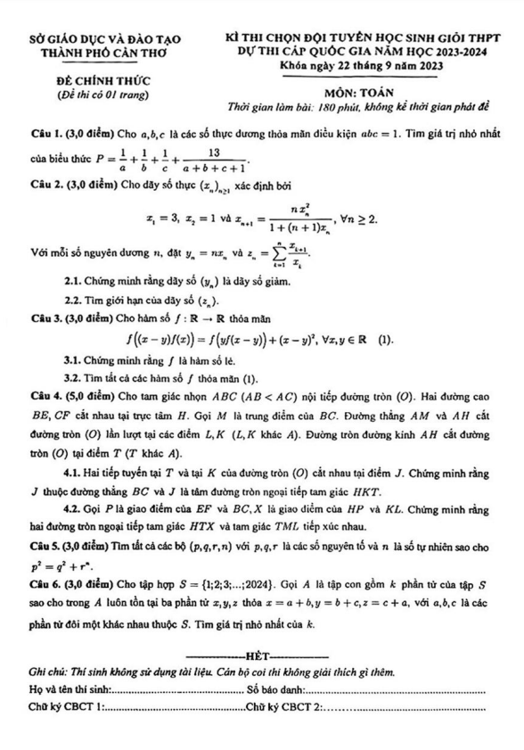Đề chọn đội tuyển thi HSG QG môn Toán năm 2023 2024 sở GD ĐT Cần Thơ