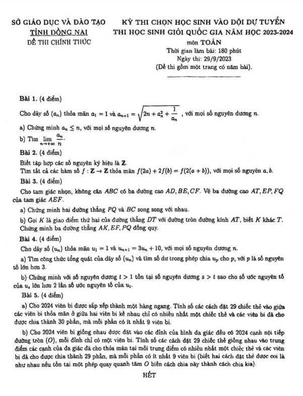 Đề chọn đội tuyển thi HSG QG môn Toán năm 2023 2024 sở GD ĐT Đồng Nai