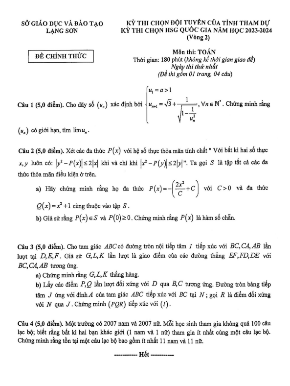 Đề chọn đội tuyển thi HSG QG môn Toán năm 2023 2024 sở GD ĐT Lạng Sơn