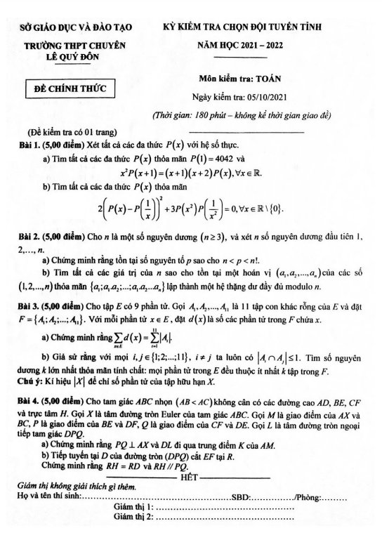 Đề chọn đội tuyển tỉnh môn Toán năm 2021 2022 trường chuyên Lê Quý Đôn Khánh Hòa