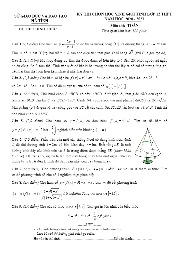Đề chọn học sinh giỏi tỉnh lớp 12 môn Toán THPT năm 2020 2021 sở GD ĐT Hà Tĩnh