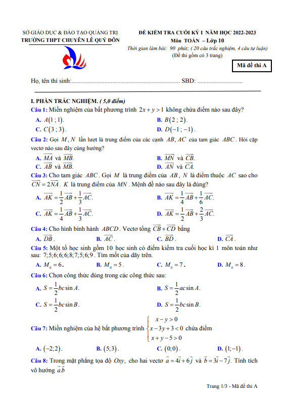 Đề cuối học kì 1 (HK1) lớp 10 môn Toán năm 2022 2023 trường chuyên Lê Quý Đôn Quảng Trị