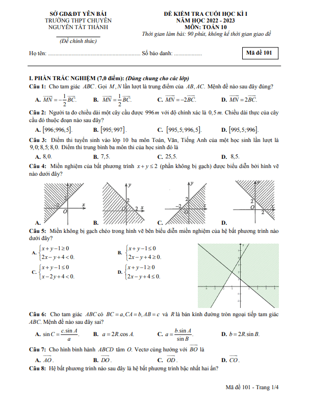 Đề cuối học kì 1 (HK1) lớp 10 môn Toán năm 2022 2023 trường chuyên Nguyễn Tất Thành Yên Bái
