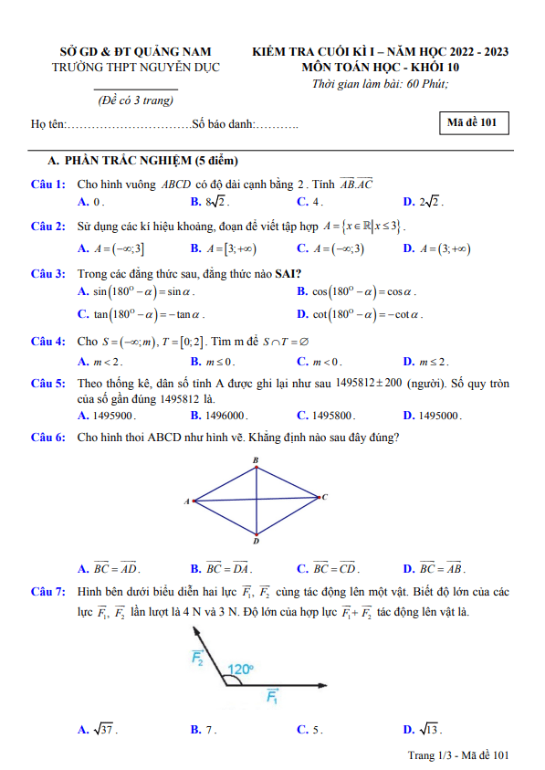 Đề cuối học kì 1 (HK1) lớp 10 môn Toán năm 2022 2023 trường THPT Nguyễn Dục Quảng Nam