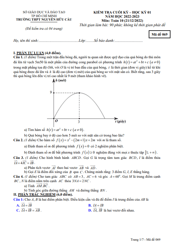 Đề cuối học kì 1 (HK1) lớp 10 môn Toán năm 2022 2023 trường THPT Nguyễn Hữu Cầu TP HCM
