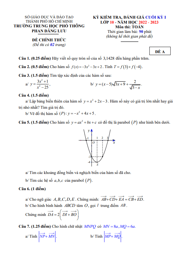 Đề cuối học kì 1 (HK1) lớp 10 môn Toán năm 2022 2023 trường THPT Phan Đăng Lưu TP HCM
