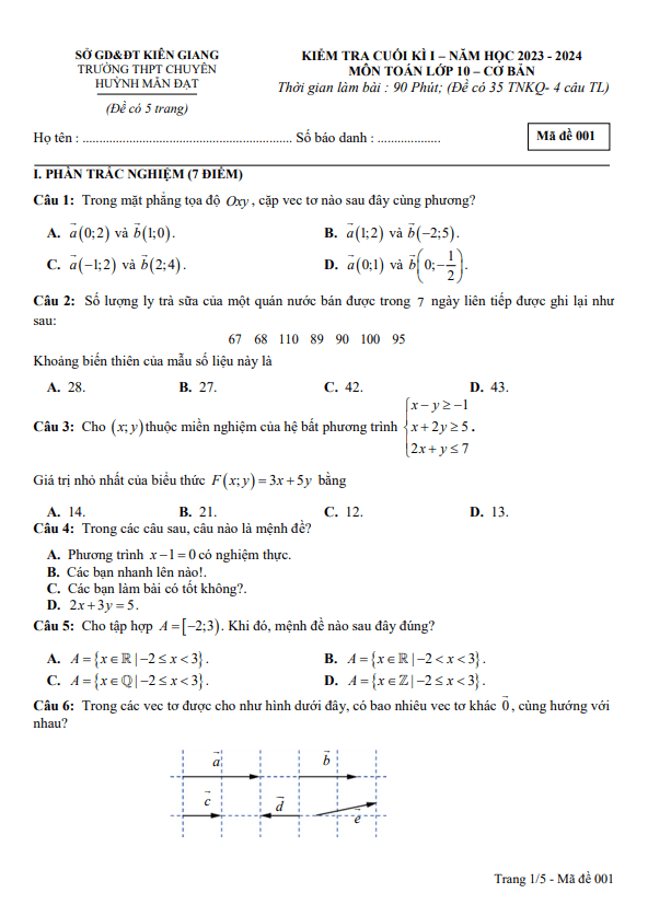 Đề cuối học kì 1 (HK1) lớp 10 môn Toán năm 2023 2024 trường chuyên Huỳnh Mẫn Đạt Kiên Giang