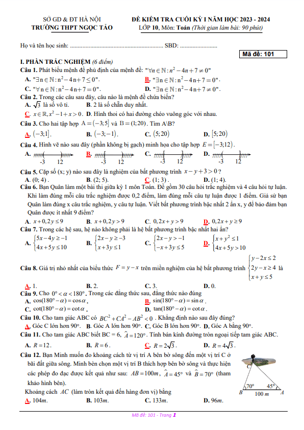 Đề cuối học kì 1 (HK1) lớp 10 môn Toán năm 2023 2024 trường THPT Ngọc Tảo Hà Nội