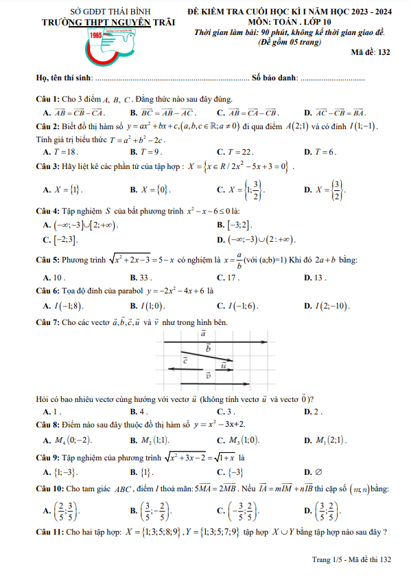 Đề cuối học kì 1 (HK1) lớp 10 môn Toán năm 2023 2024 trường THPT Nguyễn Trãi Thái Bình