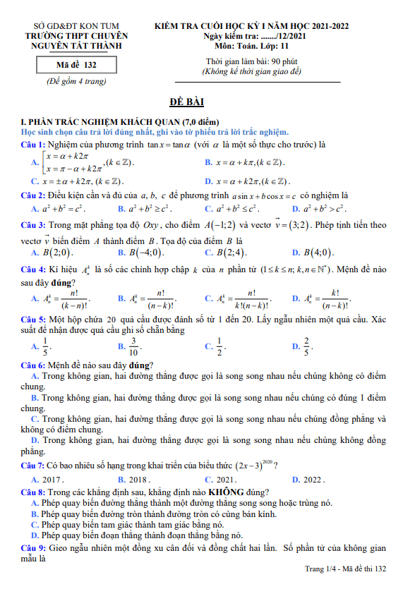Đề cuối học kì 1 (HK1) lớp 11 môn Toán năm 2021 2022 trường chuyên Nguyễn Tất Thành Kon Tum