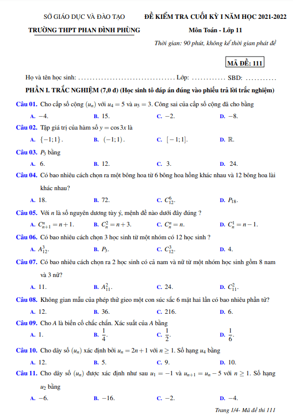 Đề cuối học kì 1 (HK1) lớp 11 môn Toán năm 2021 2022 trường THPT Phan Đình Phùng Quảng Bình