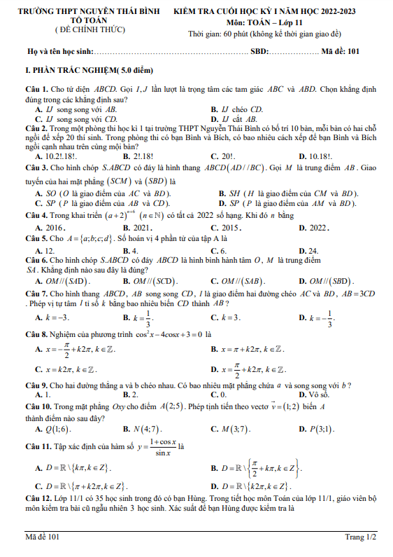 Đề cuối học kì 1 (HK1) lớp 11 môn Toán năm 2022 2023 trường Nguyễn Thái Bình Quảng Nam