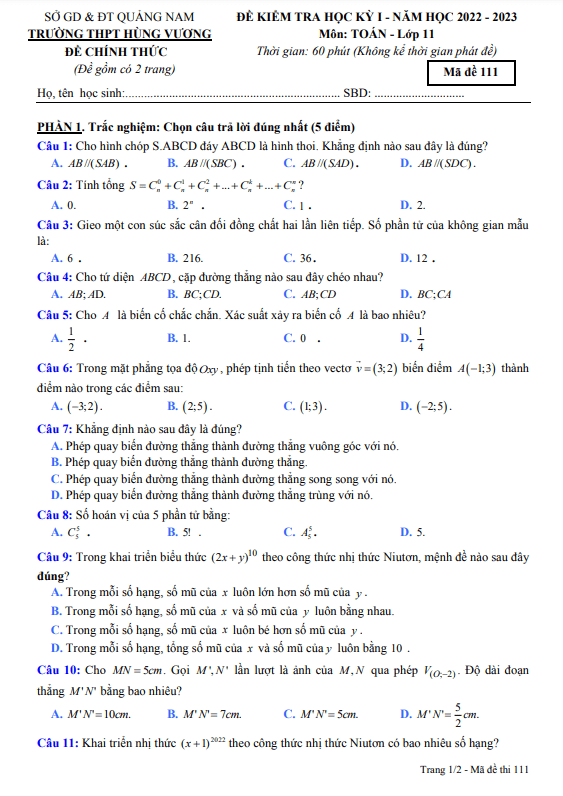 Đề cuối học kì 1 (HK1) lớp 11 môn Toán năm 2022 2023 trường THPT Hùng Vương Quảng Nam