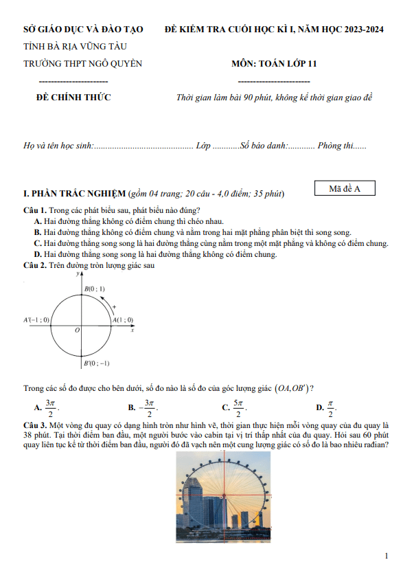 Đề cuối học kì 1 (HK1) lớp 11 môn Toán năm 2023 2024 trường THPT Ngô Quyền BR VT