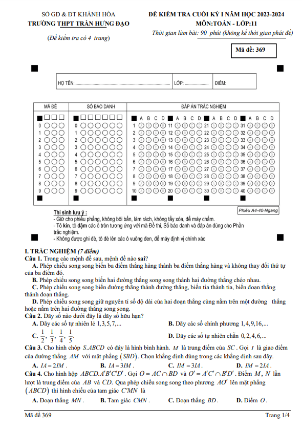 Đề cuối học kì 1 (HK1) lớp 11 môn Toán năm 2023 2024 trường THPT Trần Hưng Đạo Khánh Hòa