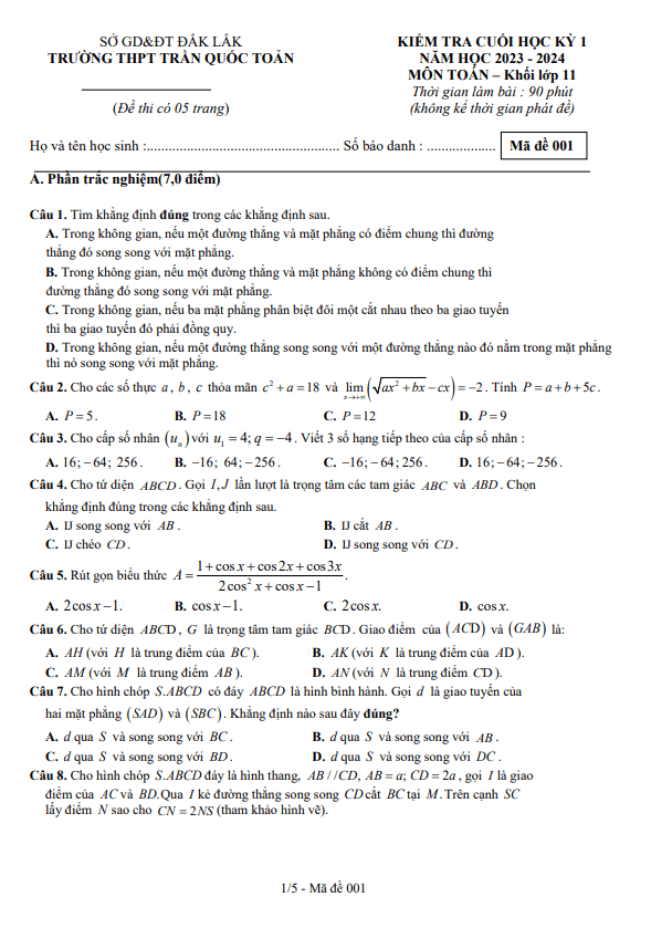 Đề cuối học kì 1 (HK1) lớp 11 môn Toán năm 2023 2024 trường THPT Trần Quốc Toản Đắk Lắk