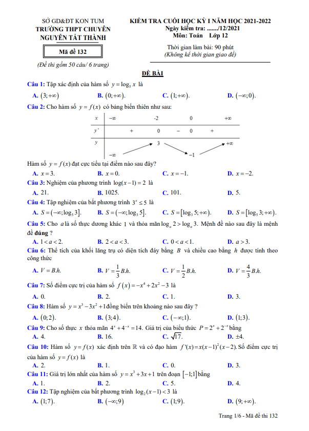 Đề cuối học kì 1 (HK1) lớp 12 môn Toán năm 2021 2022 trường chuyên Nguyễn Tất Thành Kon Tum