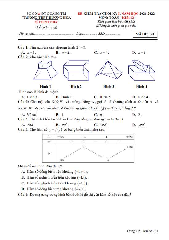 Đề cuối học kì 1 (HK1) lớp 12 môn Toán năm 2021 2022 trường THPT Hướng Hóa Quảng Trị