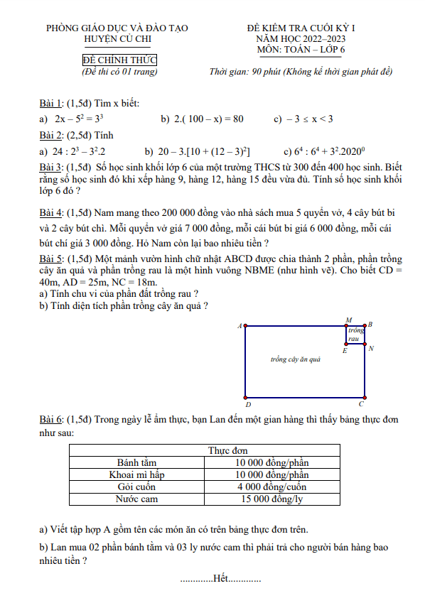 Đề cuối học kì 1 (HK1) lớp 6 môn Toán năm 2022 2023 phòng GD ĐT Củ Chi TP HCM