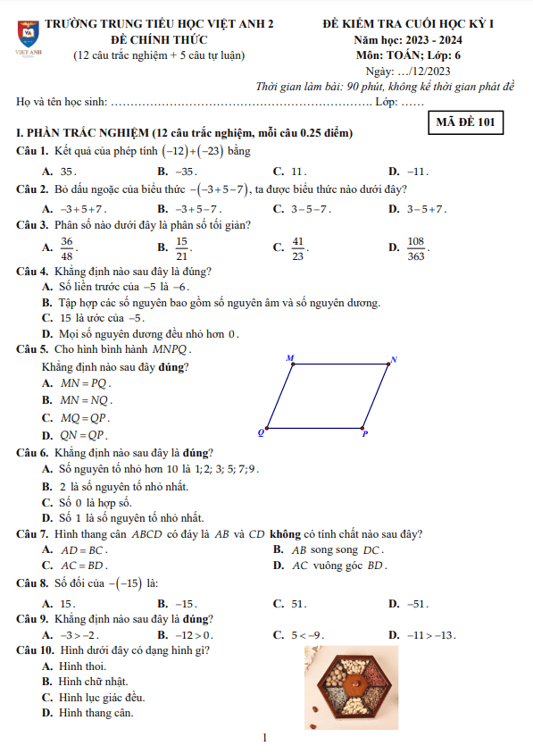 Đề cuối học kì 1 (HK1) lớp 6 môn Toán năm 2023 2024 trường Việt Anh 2 Bình Dương