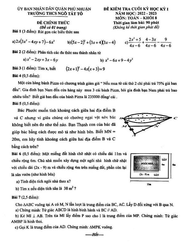 Đề cuối học kì 1 (HK1) lớp 8 môn Toán năm 2022 2023 trường THCS Ngô Tất Tố TP HCM