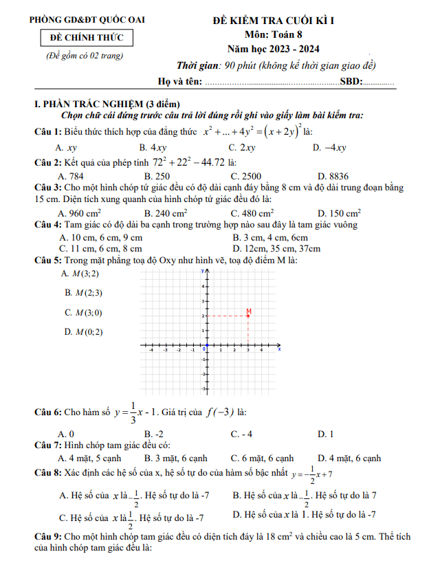 Đề cuối học kì 1 (HK1) lớp 8 môn Toán năm 2023 2024 phòng GD ĐT Quốc Oai Hà Nội