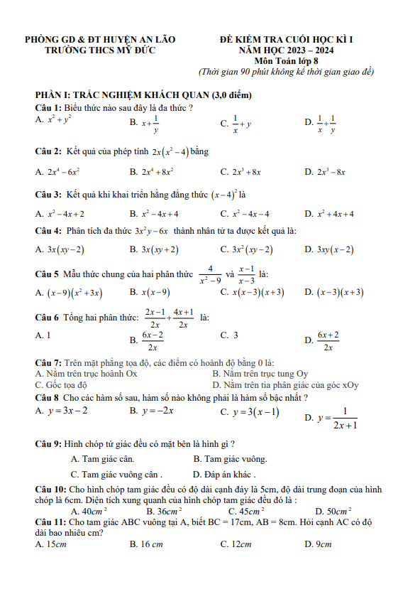 Đề cuối học kì 1 (HK1) lớp 8 môn Toán năm 2023 2024 trường THCS Mỹ Đức Hải Phòng
