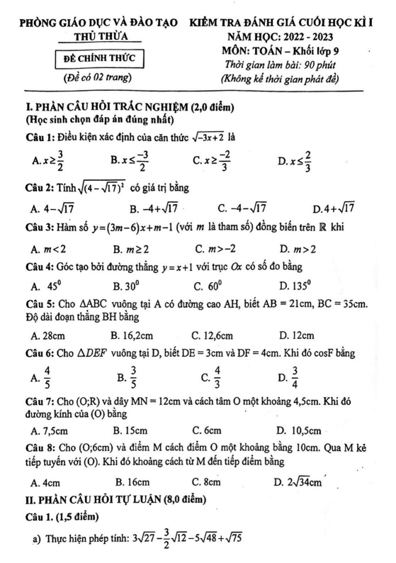 Đề cuối học kì 1 (HK1) lớp 9 môn Toán năm 2022 2023 phòng GD ĐT Thủ Thừa Long An