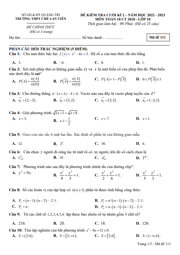 Đề cuối học kì 2 (HK2) lớp 10 môn Toán năm 2022 2023 trường THPT Chế Lan Viên Quảng Trị