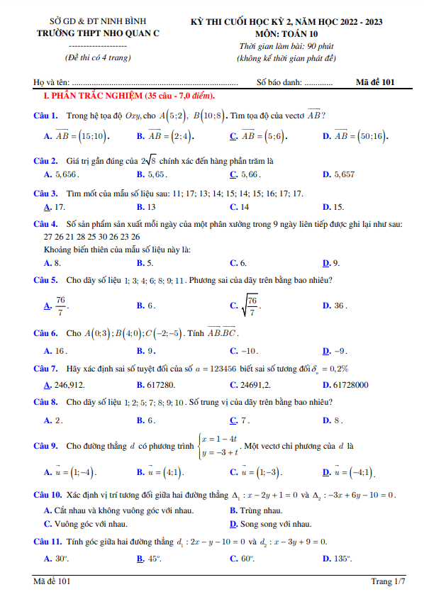 Đề cuối học kì 2 (HK2) lớp 10 môn Toán năm 2022 2023 trường THPT Nho Quan C Ninh Bình