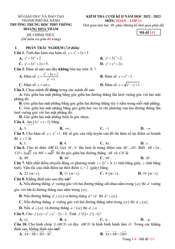 Đề cuối học kì 2 (HK2) lớp 11 môn Toán năm 2022 2023 trường THPT Hoàng Hoa Thám Đà Nẵng