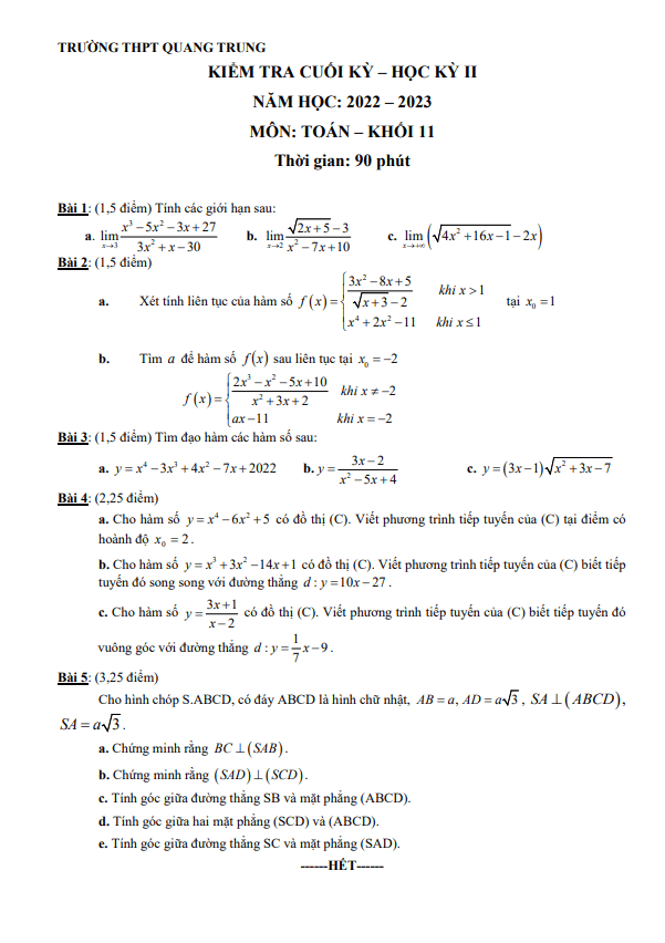 Đề cuối học kì 2 (HK2) lớp 11 môn Toán năm 2022 2023 trường THPT Quang Trung TP HCM