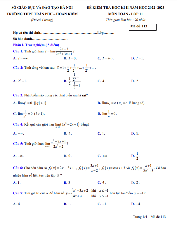 Đề cuối học kì 2 (HK2) lớp 11 môn Toán năm 2022 2023 trường THPT Trần Phú Hà Nội