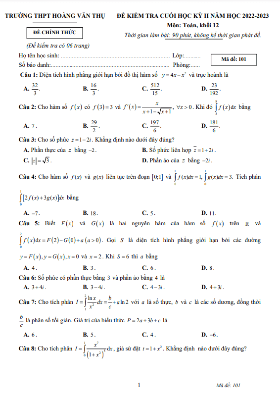 Đề cuối học kì 2 (HK2) lớp 12 môn Toán năm 2022 2023 trường THPT Hoàng Văn Thụ Khánh Hòa