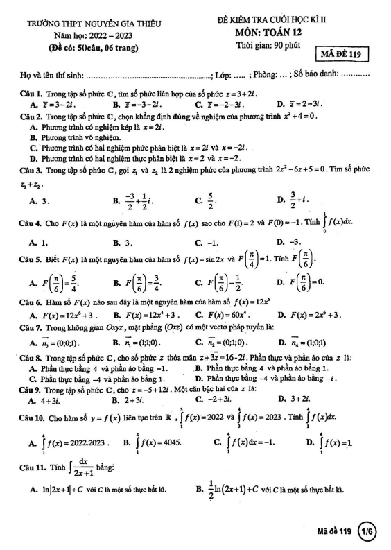 Đề cuối học kì 2 (HK2) lớp 12 môn Toán năm 2022 2023 trường THPT Nguyễn Gia Thiều Hà Nội
