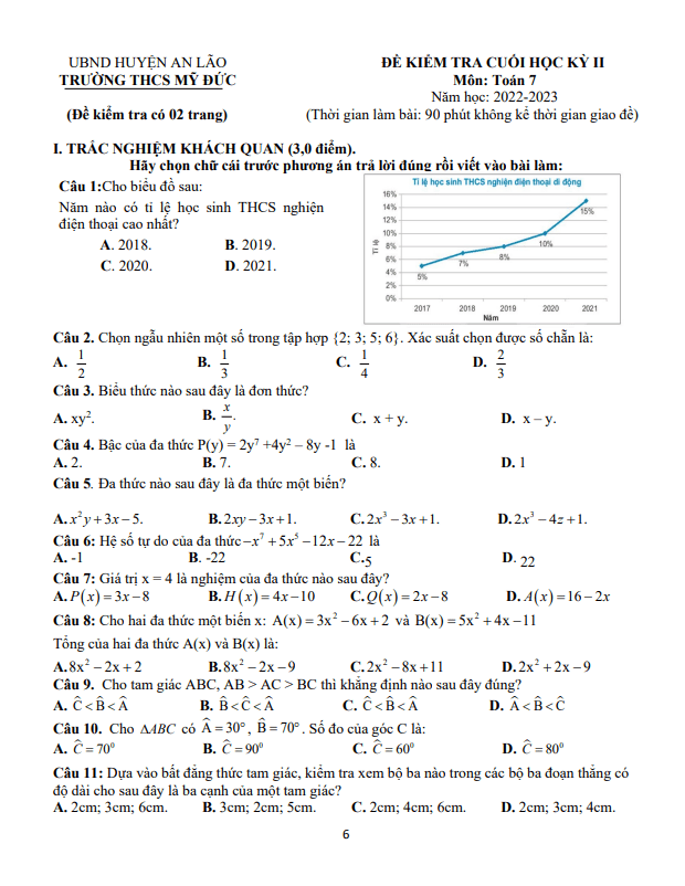 Đề cuối học kì 2 (HK2) lớp 7 môn Toán năm 2022 2023 trường THCS Mỹ Đức Hải Phòng