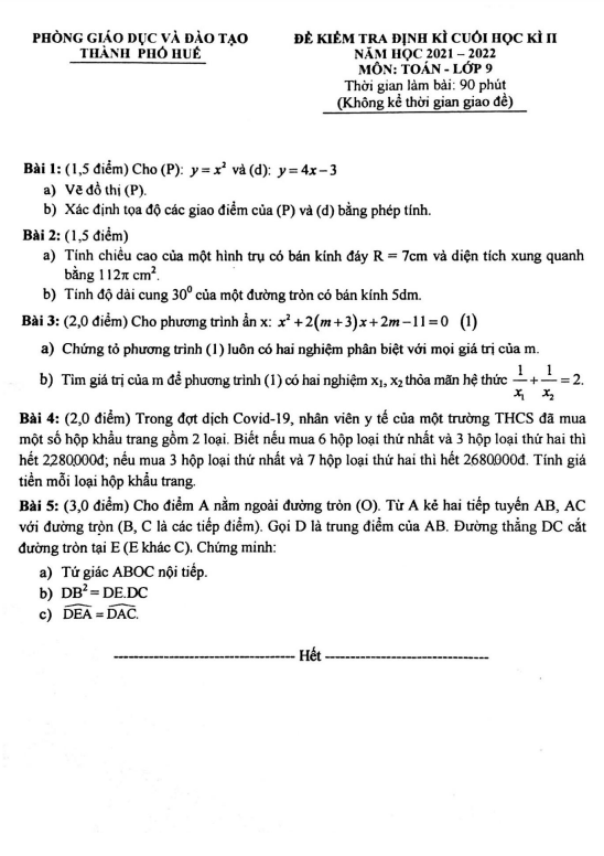 Đề cuối học kì 2 (HK2) lớp 9 môn Toán năm 2021 2022 phòng GD ĐT thành phố Huế