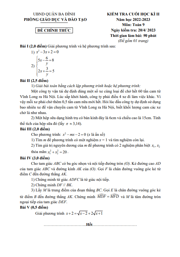 Đề cuối học kì 2 (HK2) lớp 9 môn Toán năm 2022 2023 phòng GD ĐT Ba Đình Hà Nội
