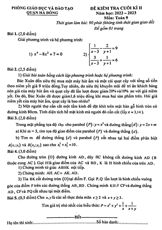 Đề cuối học kì 2 (HK2) lớp 9 môn Toán năm 2022 2023 phòng GD ĐT Hà Đông Hà Nội
